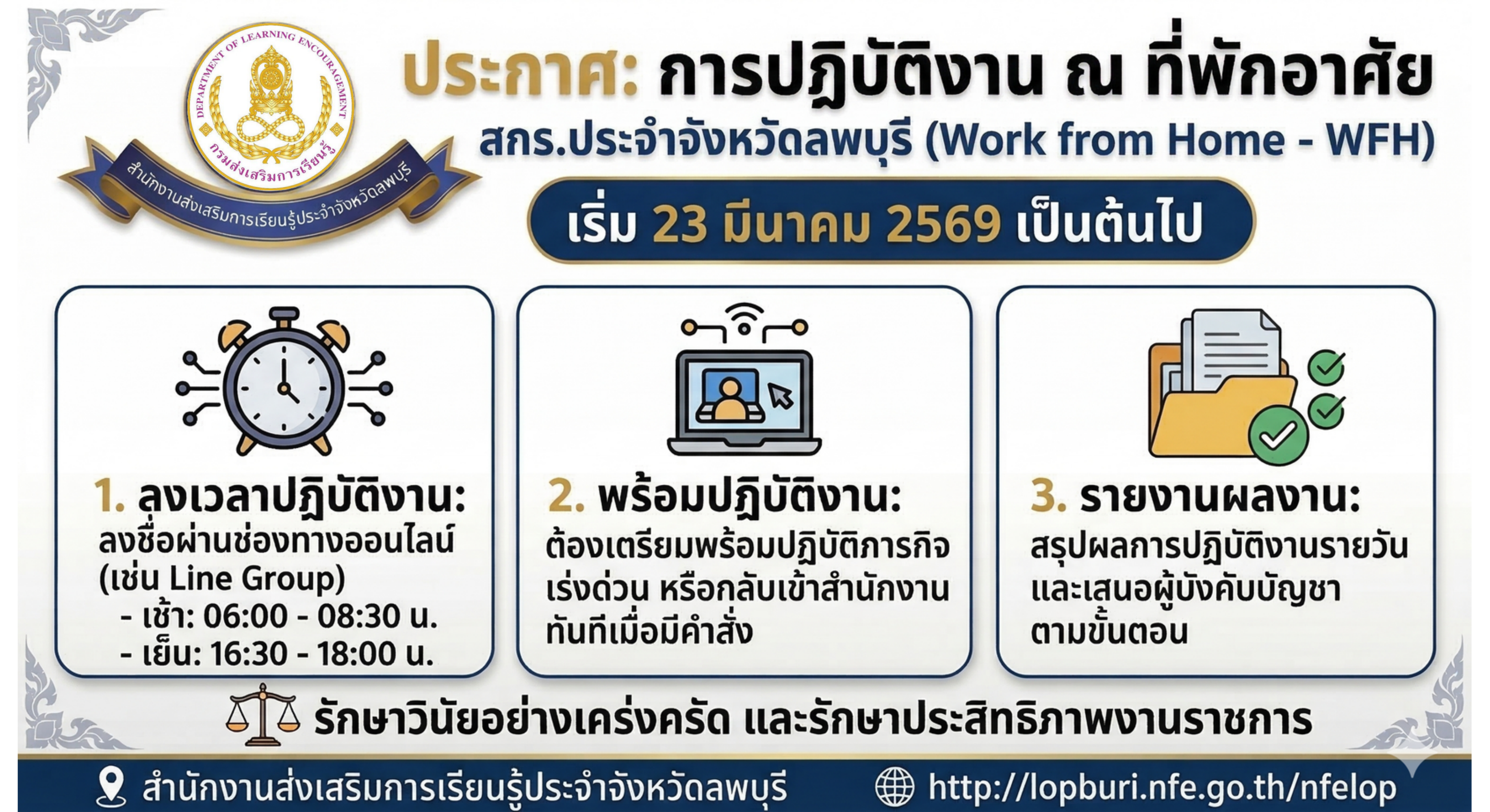 ประกาศ: การปฏิบัติงาน ณ ที่พักอาศัย  (Work from Home - WFH) สกร.ประจำจังหวัดลพบุรี